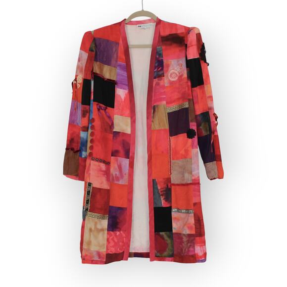 Vintage 24Collection Silk Patchwork Long Open Jacket Fuschia Lightweight - Picture 11 of 11